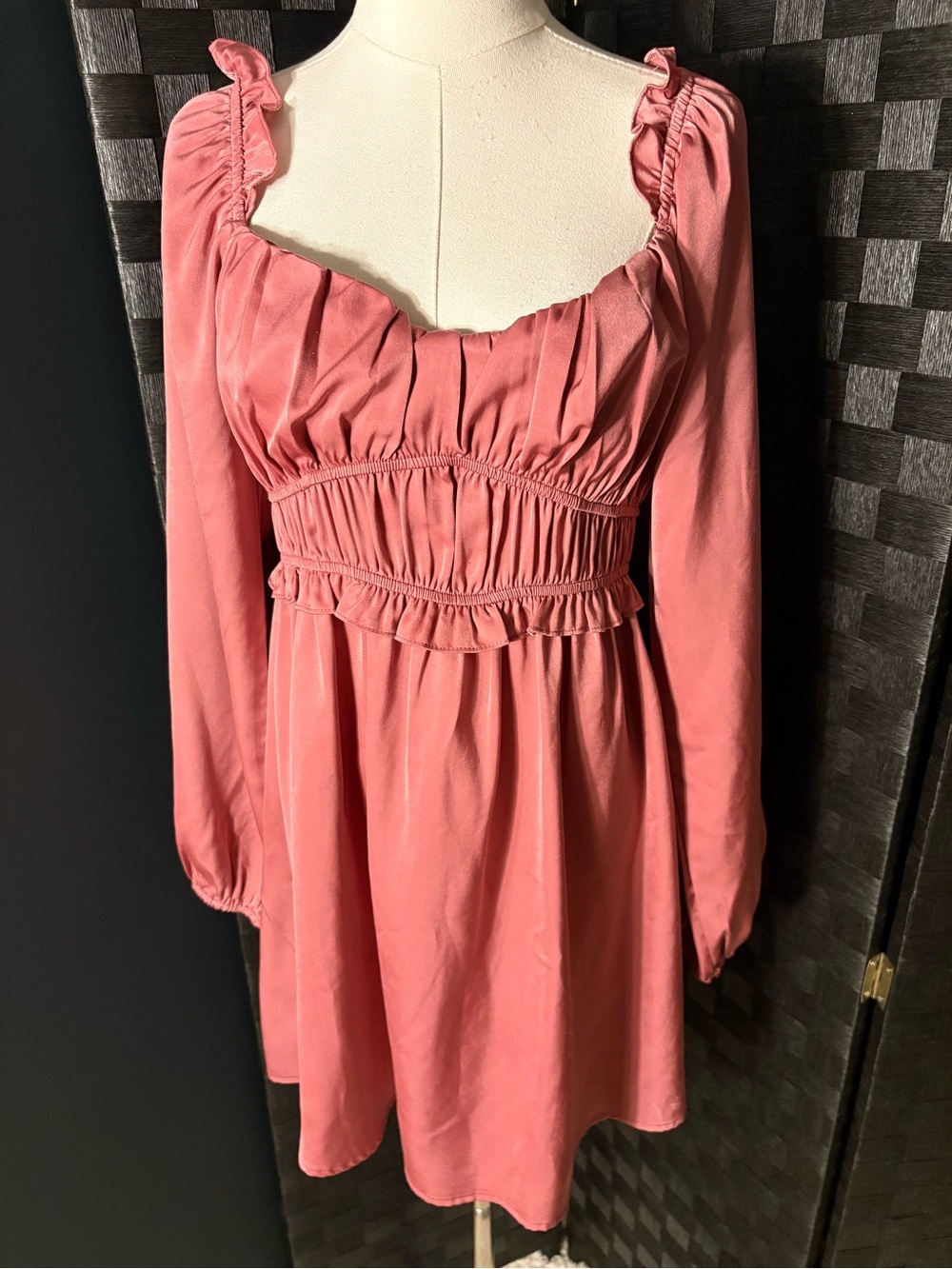 Altar'd State Dusty Rose Satin Long Sleeve Smocked Ruched Mini Dress